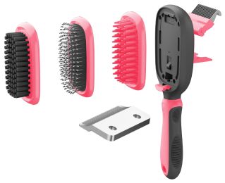 Pet Life 'Conversion' 5-in-1 Interchangeable Dematting and Deshedding Bristle Pin and Massage Grooming Pet Comb (Color: pink)